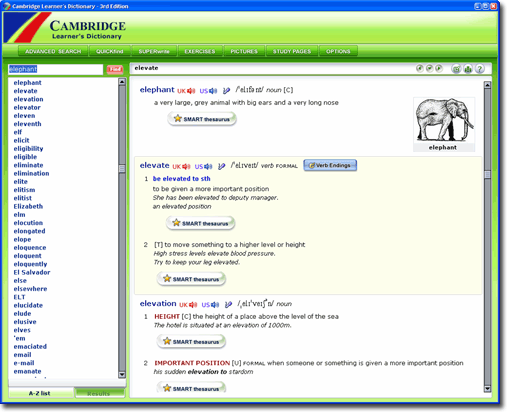 Sample screen from the Cambridge Learner's Dictionary CD-ROM